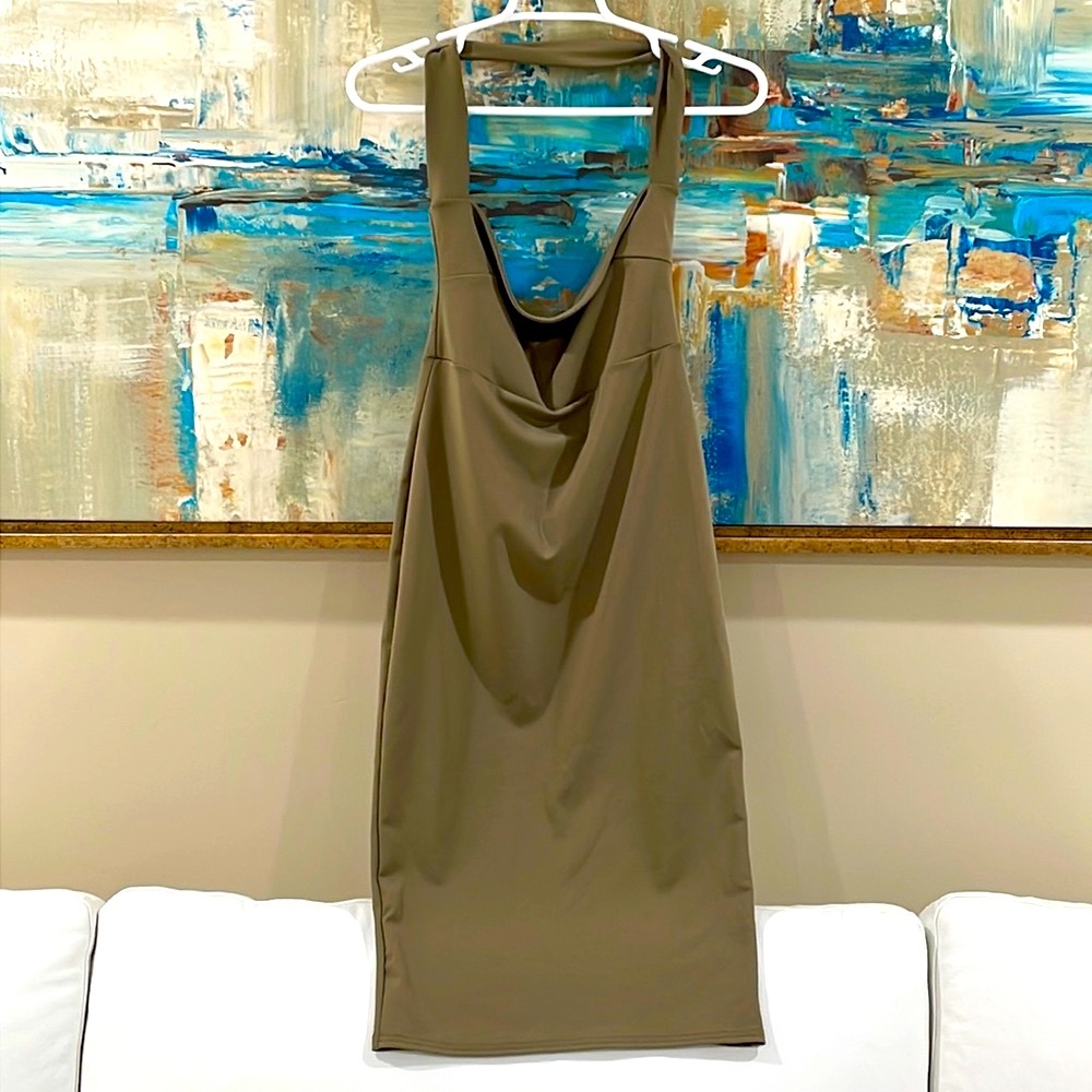 Moss green dress army olive green silky midi empire high waist halter cowlneck S